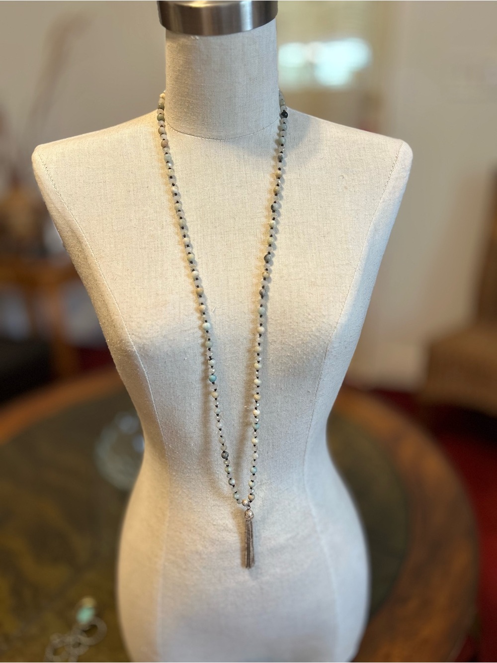 Layered Beaded Tassel Necklace in Sage and Gray Agate and Crystal beads - Picture 5 of 9